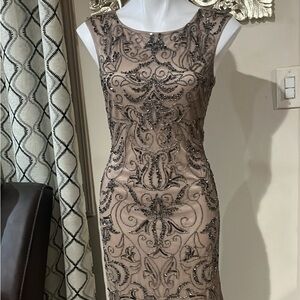 Adrianna Papell Beaded Maxi Dress in Taupe and Black